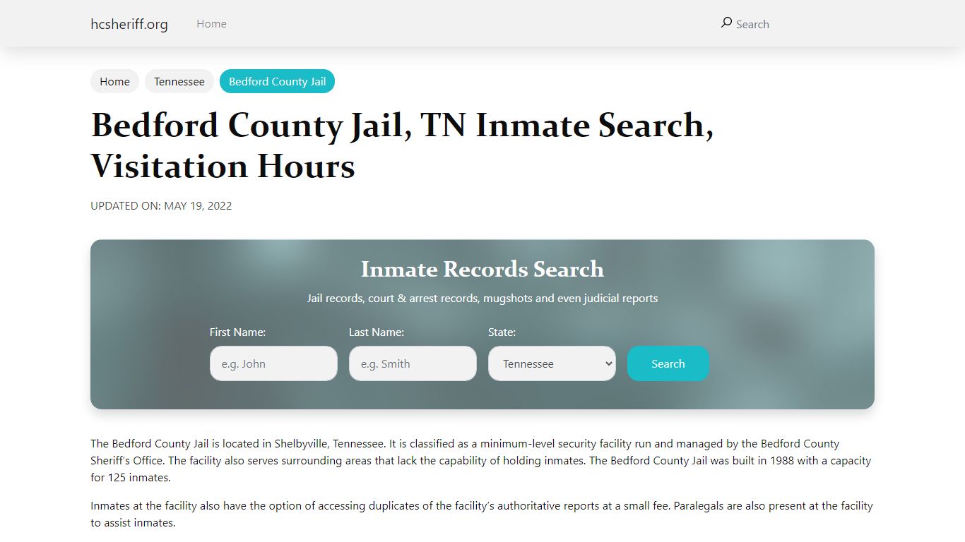 Bedford County Jail , TN Inmate Search, Visitation Hours
