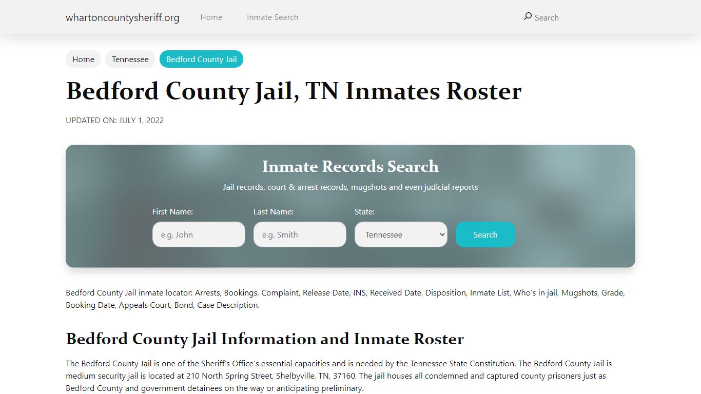 Bedford County Jail, TN Jail Roster, Name Search - Wharton County Sheriff
